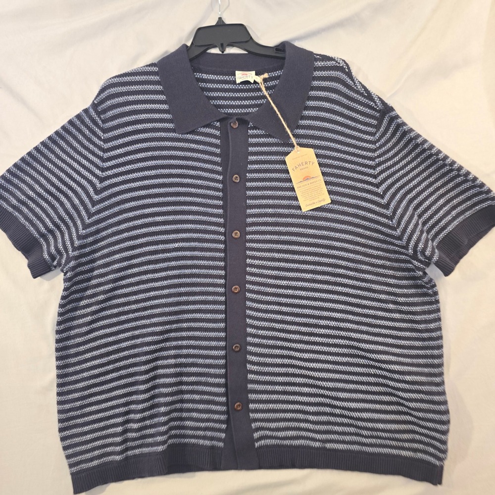 Faherty Knit Polo Cardigan 4XL Mens Blue Striped Cotton Cashmere NWT